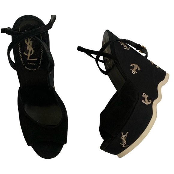 Saint Laurent Suede Cassandra Logo Ankle Strap Wedge - 8 US, Black fits 7.5 US - Picture 2 of 16